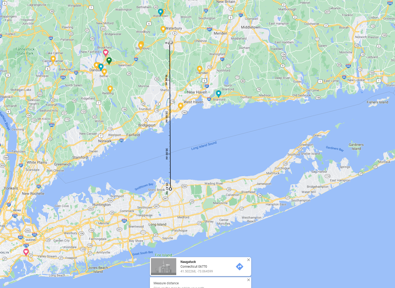 Google Map: Distance between Naugatucj CT and Port Jefferson NY