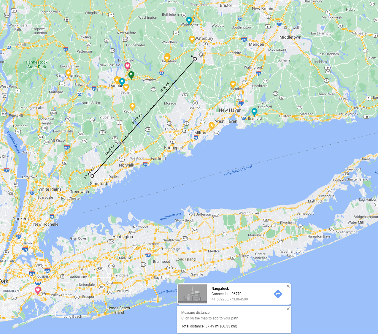 Google Map: Distance between Naugatuck CT and Stamford CT Approx: 38 miles